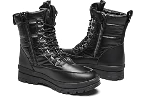 Moudki Womens Warm Fur Lined Snow Boots for Cold Weather, Non-slip Black Combat Boots with Zipper for Hiking, Lace up White Winter Booties for Women, Water Resistant Mid Calf Shoes