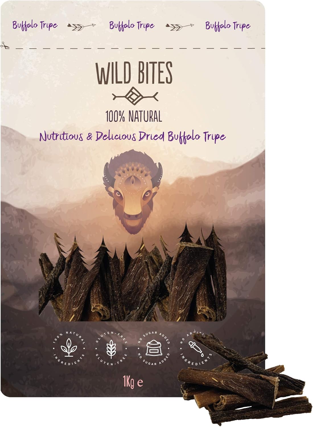 Wild Bites Buffalo Tripe Natural Dog Treats 1kg - 100% Natural Hypoallergenic Long Lasting Chews for Healthy Teeth and Gums