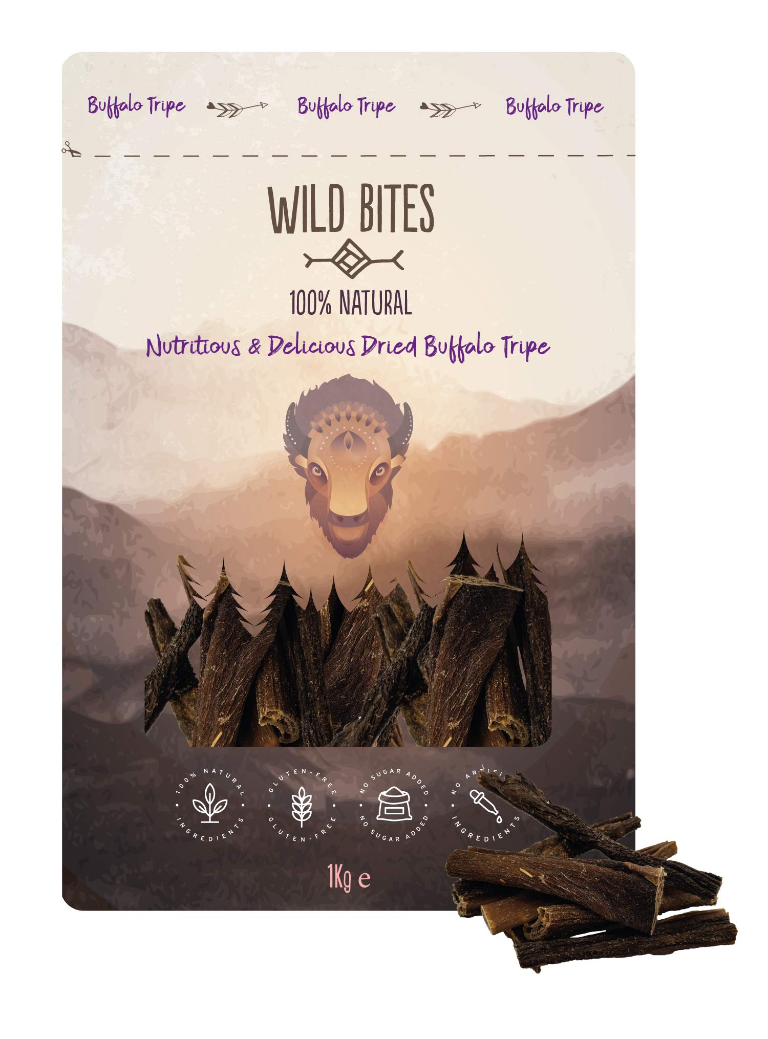 Wild Bites Buffalo Tripe Natural Dog Treats 1kg - 100% Natural Hypoallergenic Long Lasting Chews for Healthy Teeth and Gums