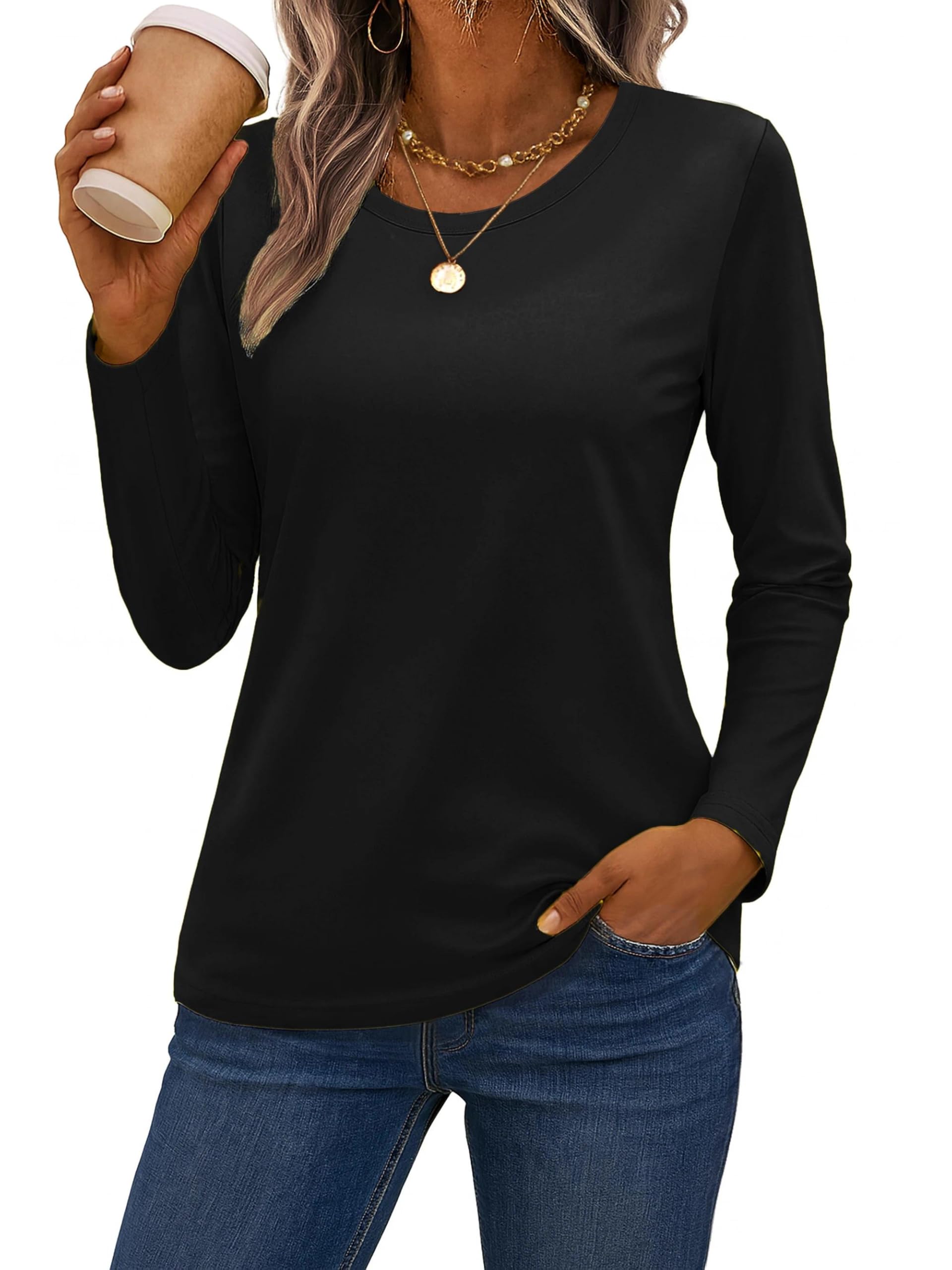 Photo 1 of SMENG Women's Cotton Shirt Long-Sleeve Classic-Fit Round-Neck T-Shirt Casual Tee Fall Fashion for Women 2025 Black S