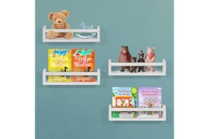 NANANARDOSO Nursery Room Shelves Wall Mounted, Set of 4 Natural Wood Floating Book Shelves for Kids Bedroom, Baby Nursery Décor, Kid Bookshelf Organizer for Bathroom Decor, Floating Bookshelf, White