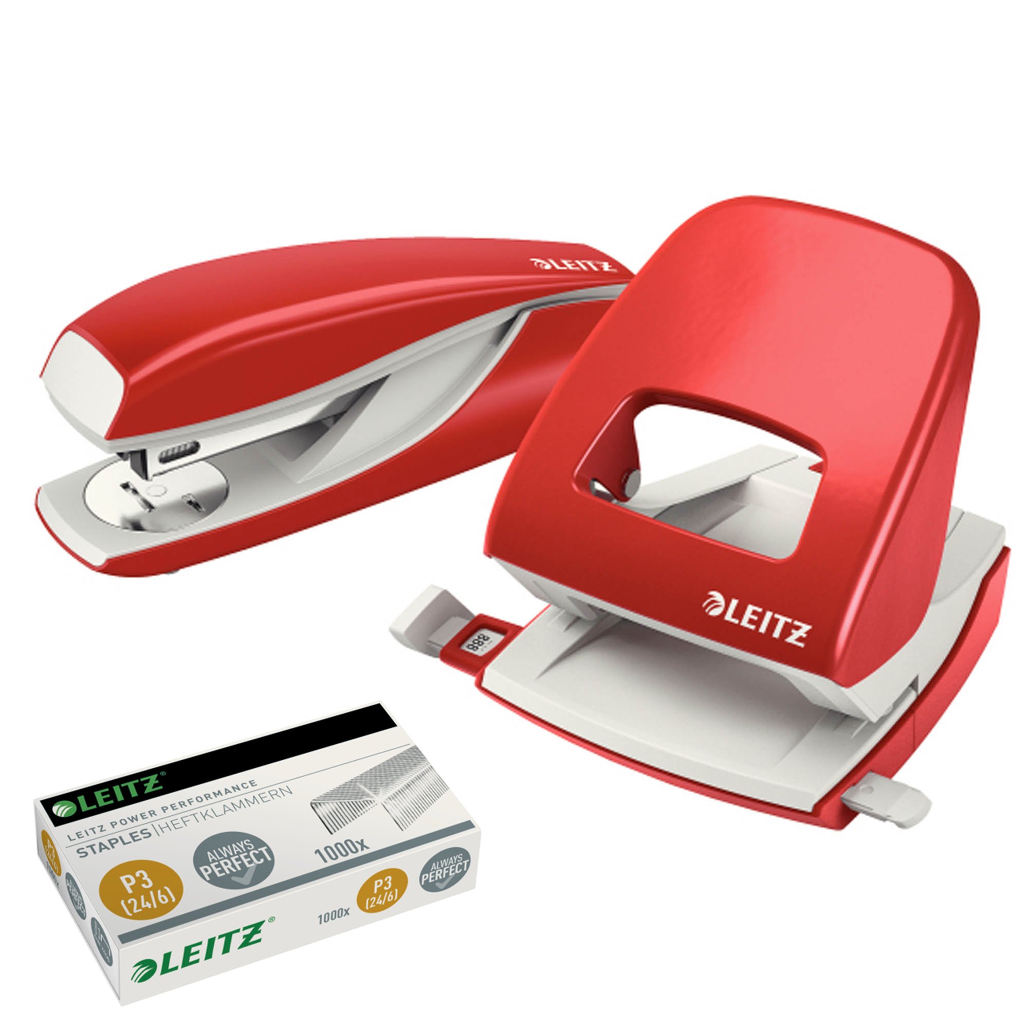 Leitz 5008 NeXXt Series Office Hole Punch Metal up to 30 Sheets / Combination Set with Stapler + 1000 Extra Staples (Red)