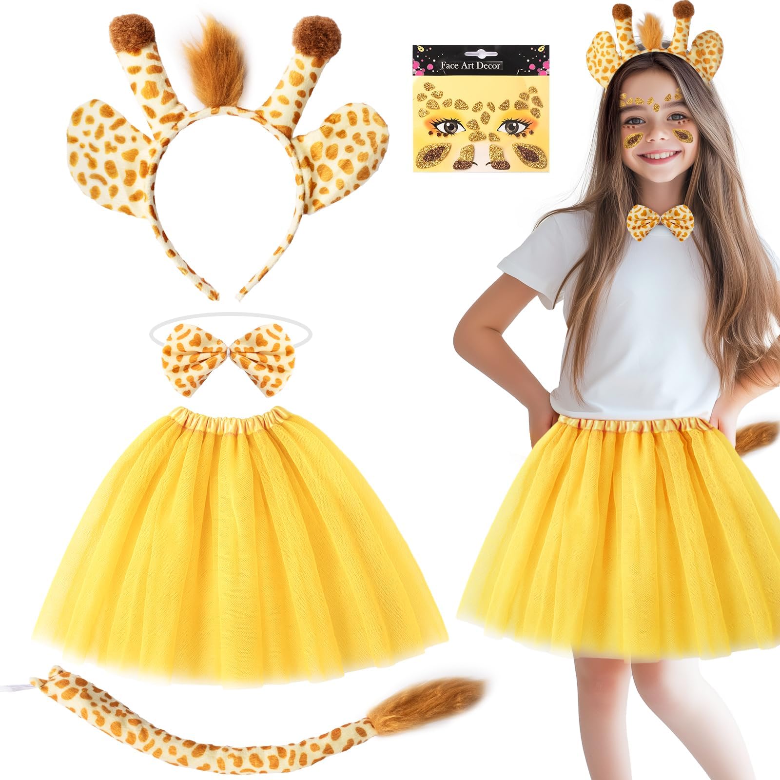 Owdenuy 5pcs Giraffe Costume Set, Fancy Dress Headband, Bowtie, Tail, Face Sticker, Skirt Perfect for Animal Cosplay School Plays Themed Parties