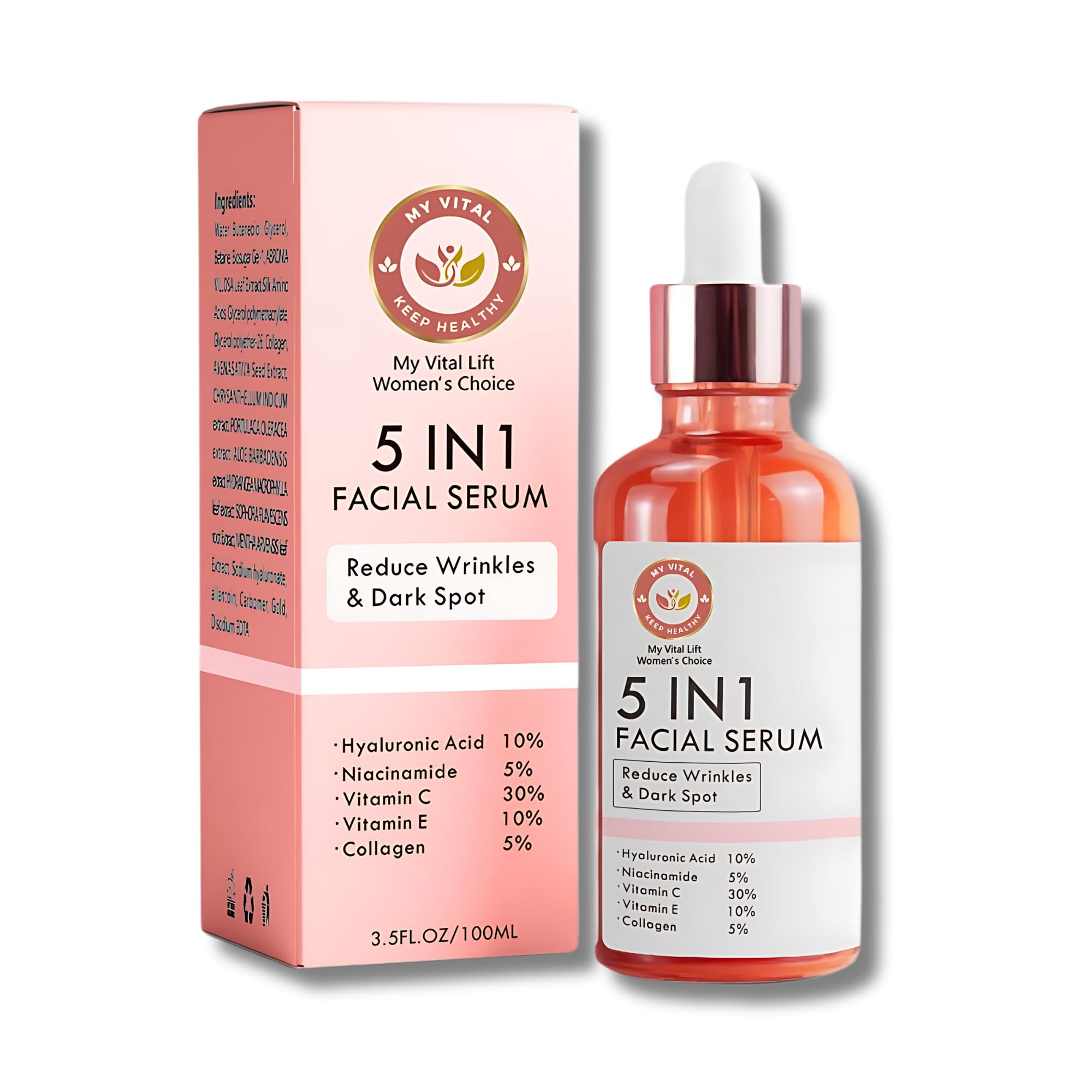 Face Serum 5-in-1 Anti-Aging Solution 30ml with Vitamin C, Hyaluronic Acid & Vitamin E – Dark Spots, Even Tone, Fine Lines, Wrinkles & Eye Area Brightening – My Vital Keep Healthy