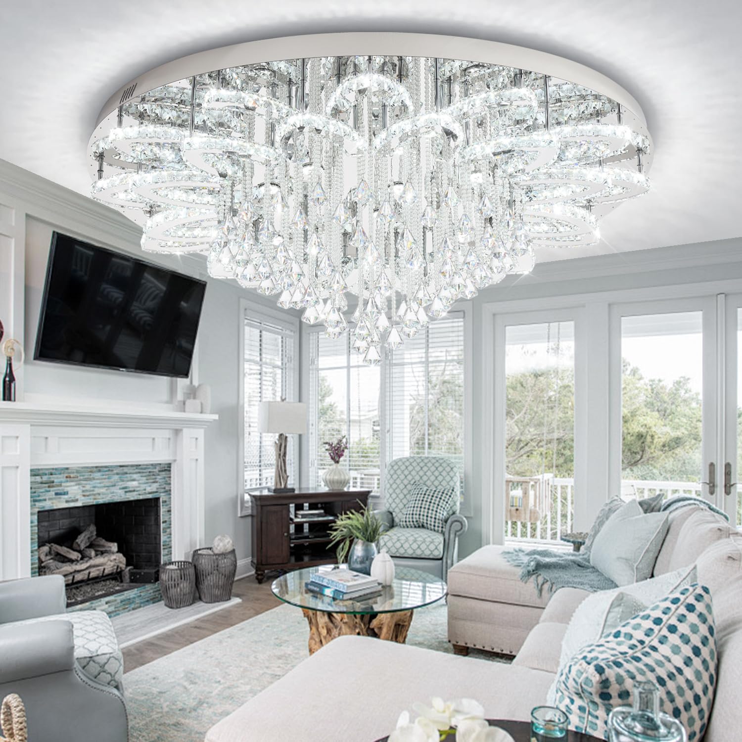 Photo 1 of Flashing God W48 Large Crystal Chandelier Crystal Flush Mount LED Ceiling Light Fixture for Living Room Foyer Dining Room Hallway Dimmable 2700k 4500k 6000k