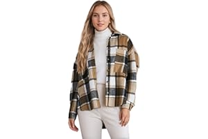 Cnlinkco Women's Casual Plaid Shacket Long Sleeve Button Down Flannel Shirts Jacket Coats with Side Pockets