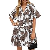 Wenrine Women's Summer Button Down Shirt Dress Floral Puff Short Sleeve Casual Loose Fit Beach Mini Dresses