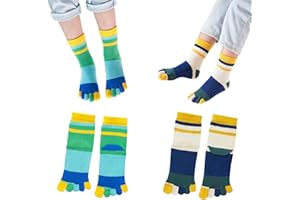 2 Pairs Cotton Five Finger Toe Socks Athletic Running Color Block Rainbow Stripe Dress Socks for Girls Kids Boys 2-10 Years