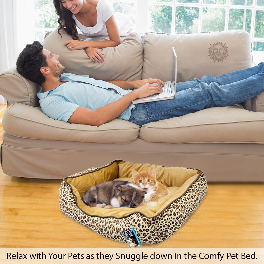 Cozy and Attractive Leopard Print Pet Bed by SunGrow - Easy to Clean Plush Luxury Lounge Bed - Conveniently sized at 20”x19”x5” to provide Comfort and Security to Small or Medium Sized Cats and Dogs