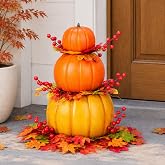 Yookeer 65PCS 3 Tiers Fall Stacked Pumpkins For Front Porch Decor | 15.5" Large Resin Pumpkin Stacked With Maple Berry Harvest Fall Decoration For Outdoor Indoor Porch Table Centerpiece