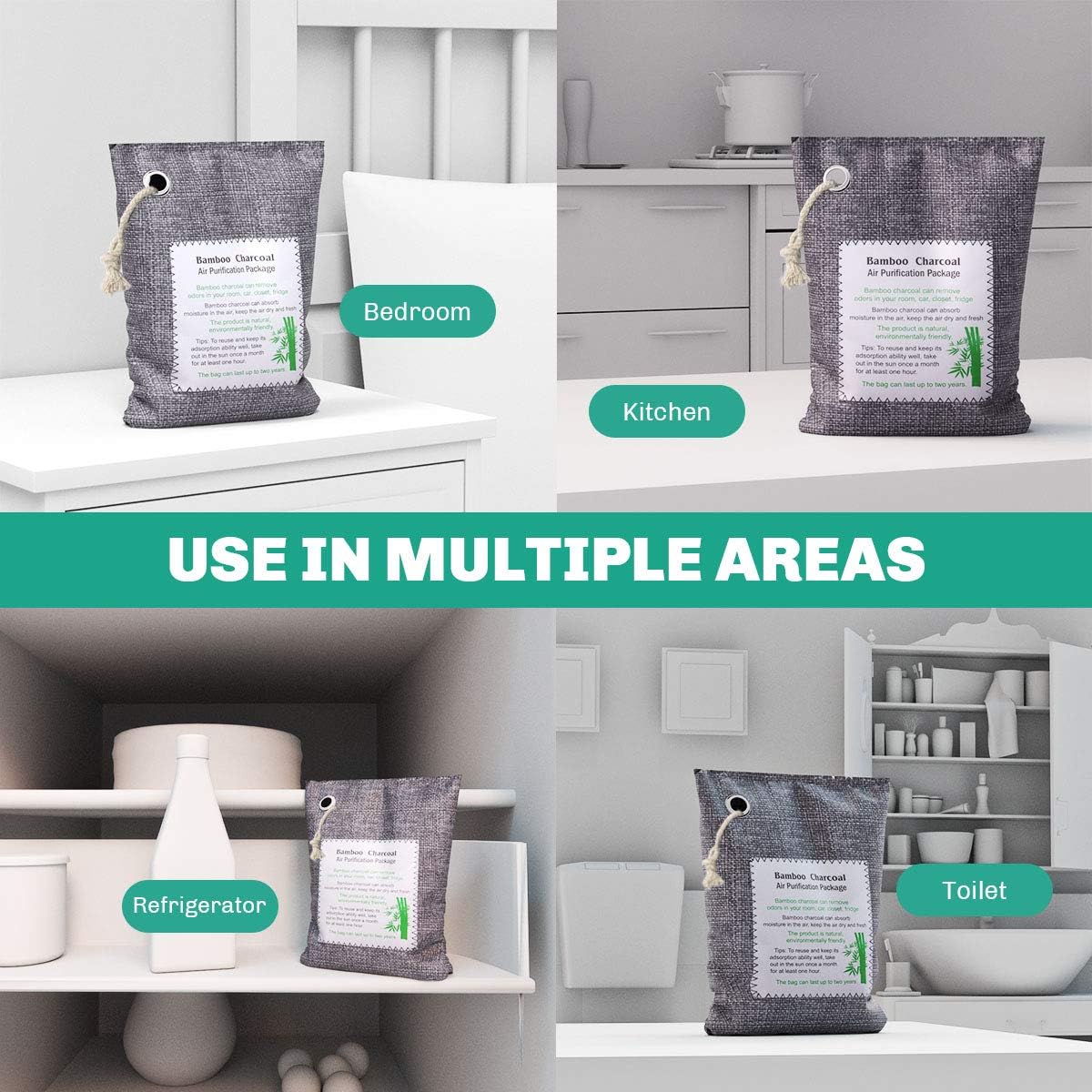Bamboo Charcoal Air Purification Bags (4 Pack - 4×200g), Safe and Non-Toxic Air Freshener, Activated Charcoal Odor Absorber in Closet, Odor Absorber For Home, Basement, Garage, Car Truck, Office: Kitchen & Dining