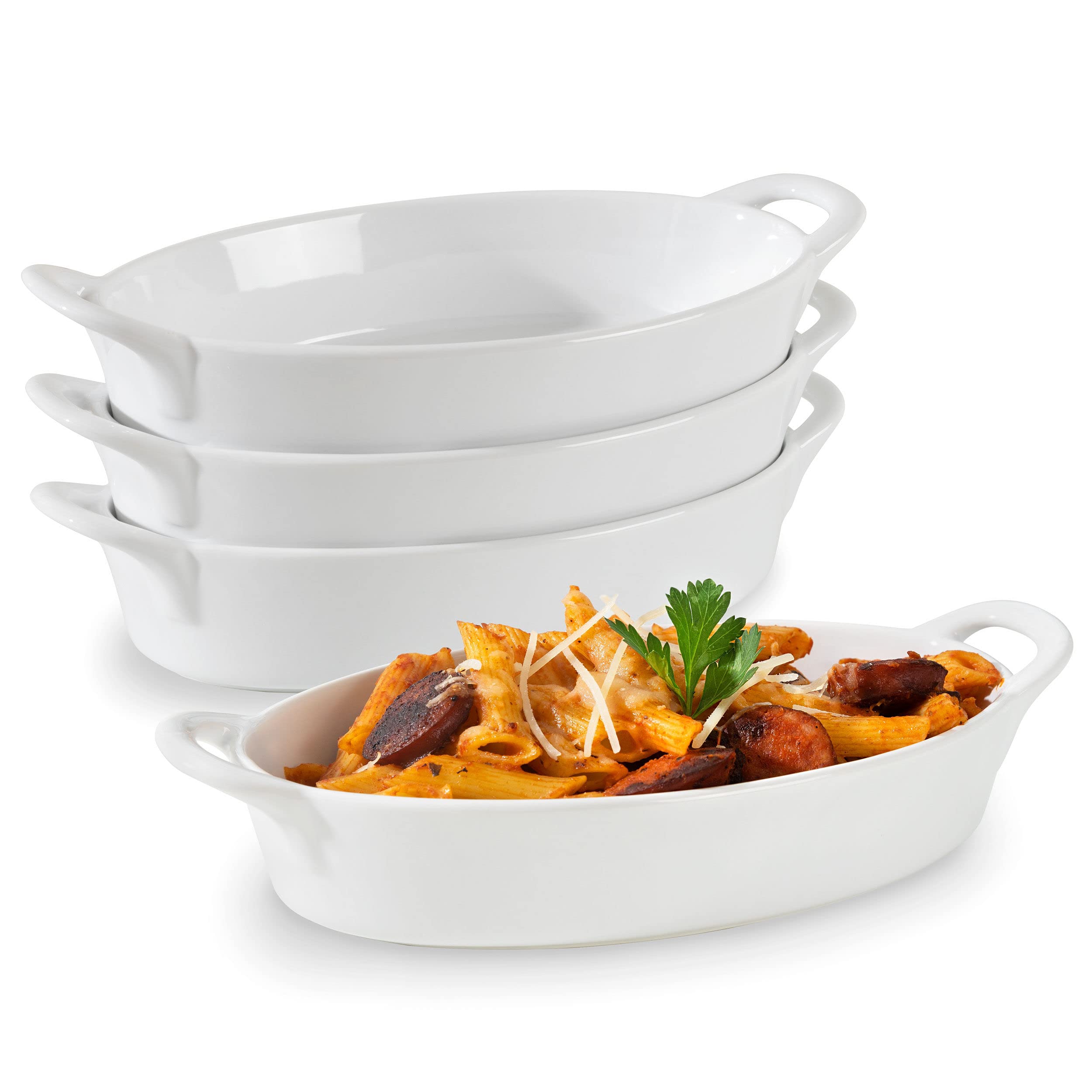 Photo 1 of Oval Au Gratin Baking Dishes for Oven Safe and Microwave Cooking and Baking, 4 Pc. Dish Set, Heat Resistant Ceramic with Handles for Serving, Small Mini Casserole Dish, 8” x 5”, 16 oz, White