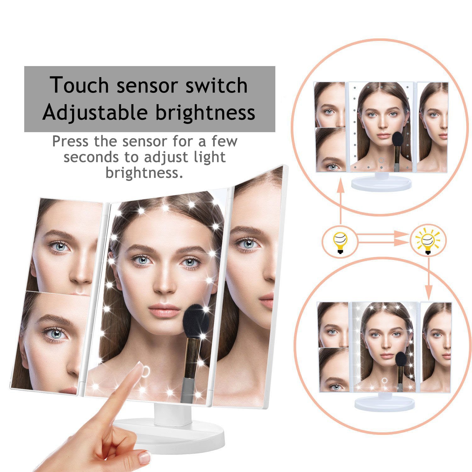 Specchio per il Trucco a Tre Ante,con illuminazione LED,touch-screen, ricaricabile con USB, con 22 luci LED naturali, regolabile a 180°, per il trucco, ripiegabile, con illuminazione- Bianco