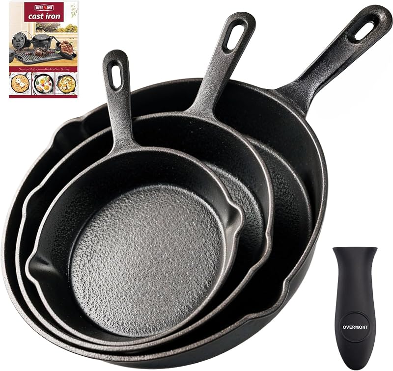 OVERMONT 3-Piece Cast Iron Skillet Set 6, 8, 10 Inch Pre-Seasoned