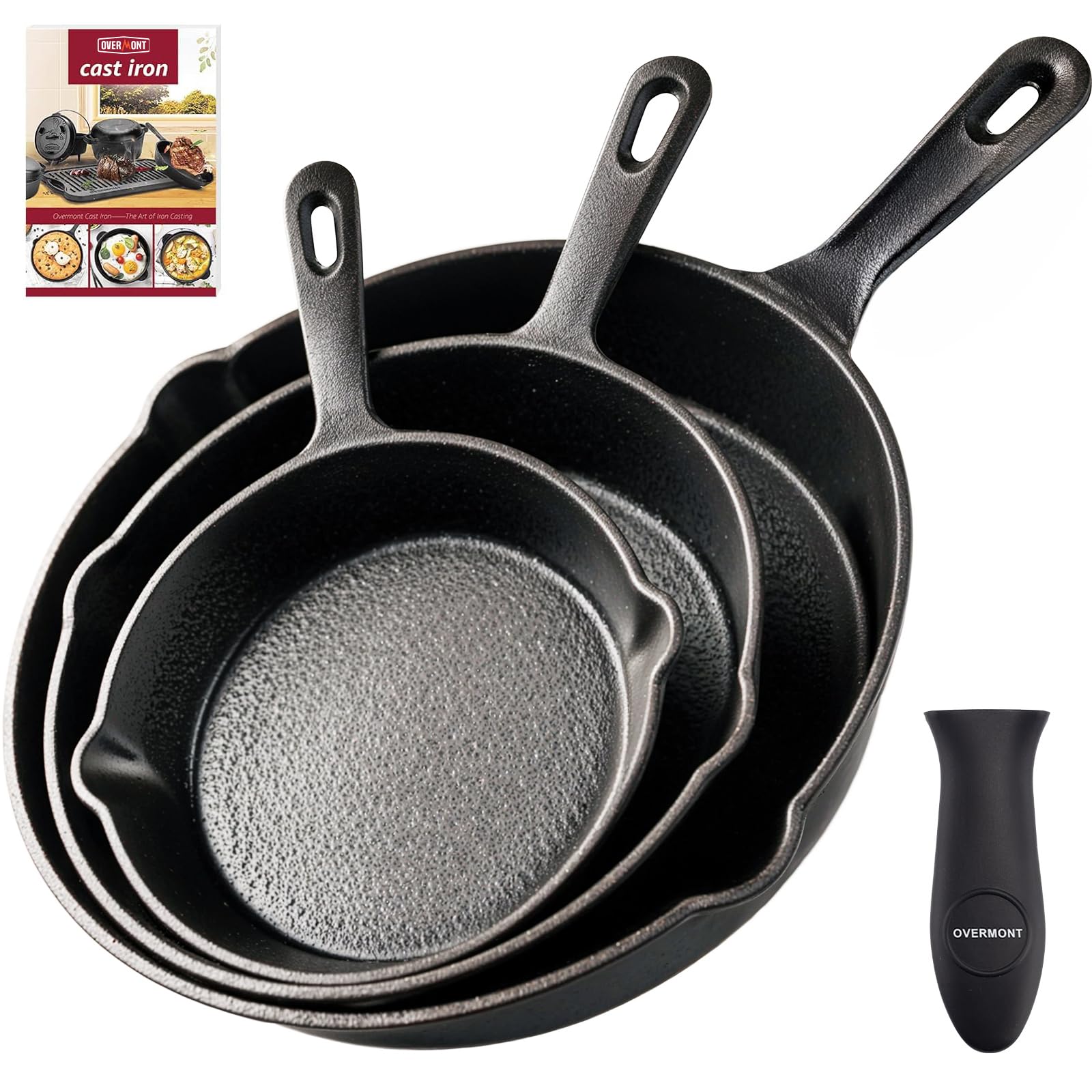 OVERMONT Pre-Seasoned Cast Iron Skillet Set, 3-Piece Frying Pans (6"-15cm, 8"-20cm, 10"-25cm) - Oven Safe, Induction Compatible, Non-Stick, Heavy Duty Cookware for Indoor Use, Grill, StoveTop, Black