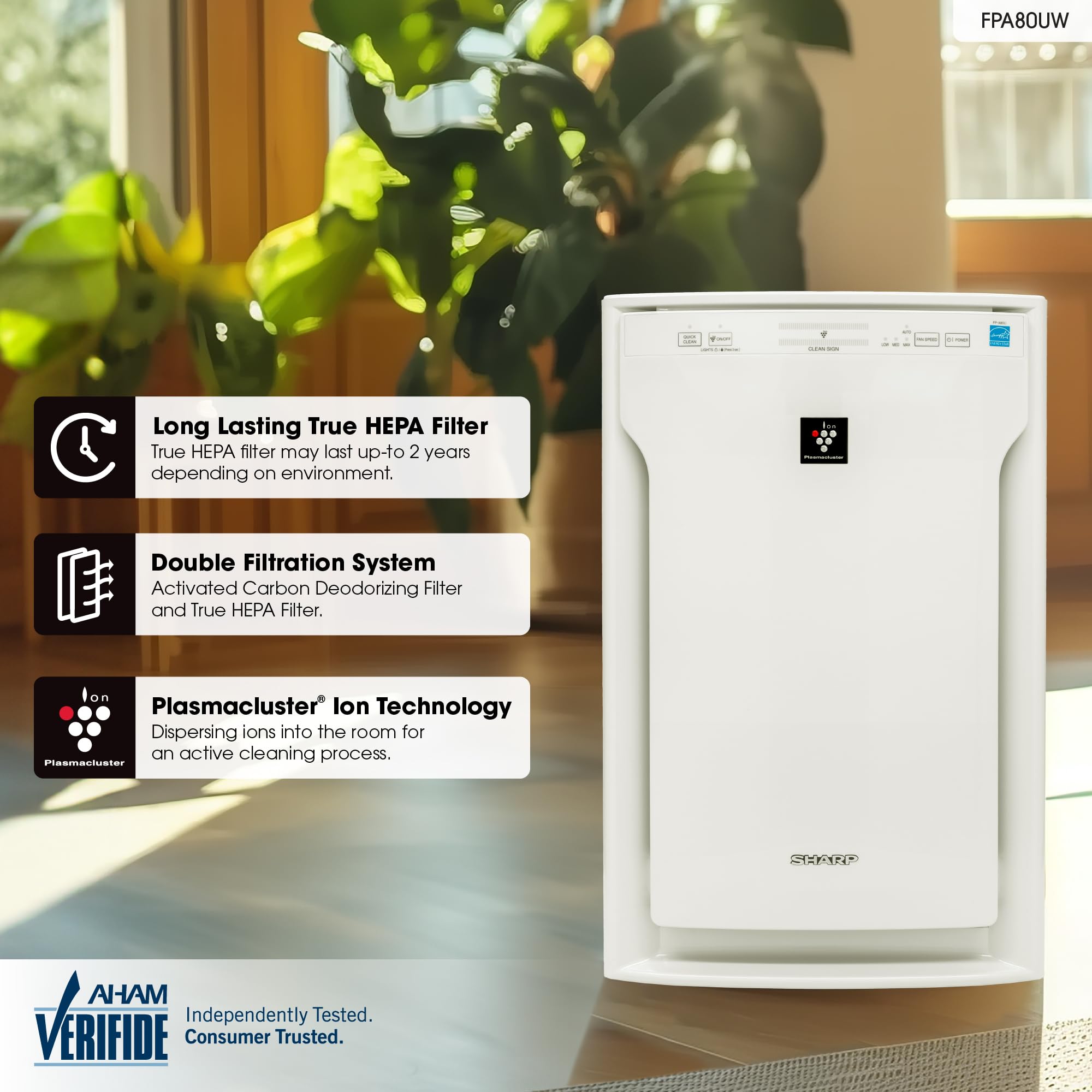 SHARP Air Purifier with Plasmacluster Ion Technology and Triple Filtration, including True HEPA Filter. Covers up to 2,198 sq. ft. for Large Rooms, for Dust, Smoke, and Pollen. FPA80UW