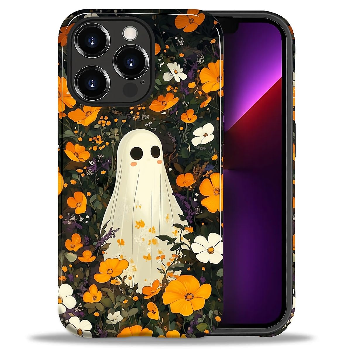 ZHEGAILIAN Case for iPhone 13 Pro,Shockproof Hard Shell + Soft Silicone 2 in 1 Hybrid,Shockproof Bumper Drop Protective - Cute Ghost Wildflowers