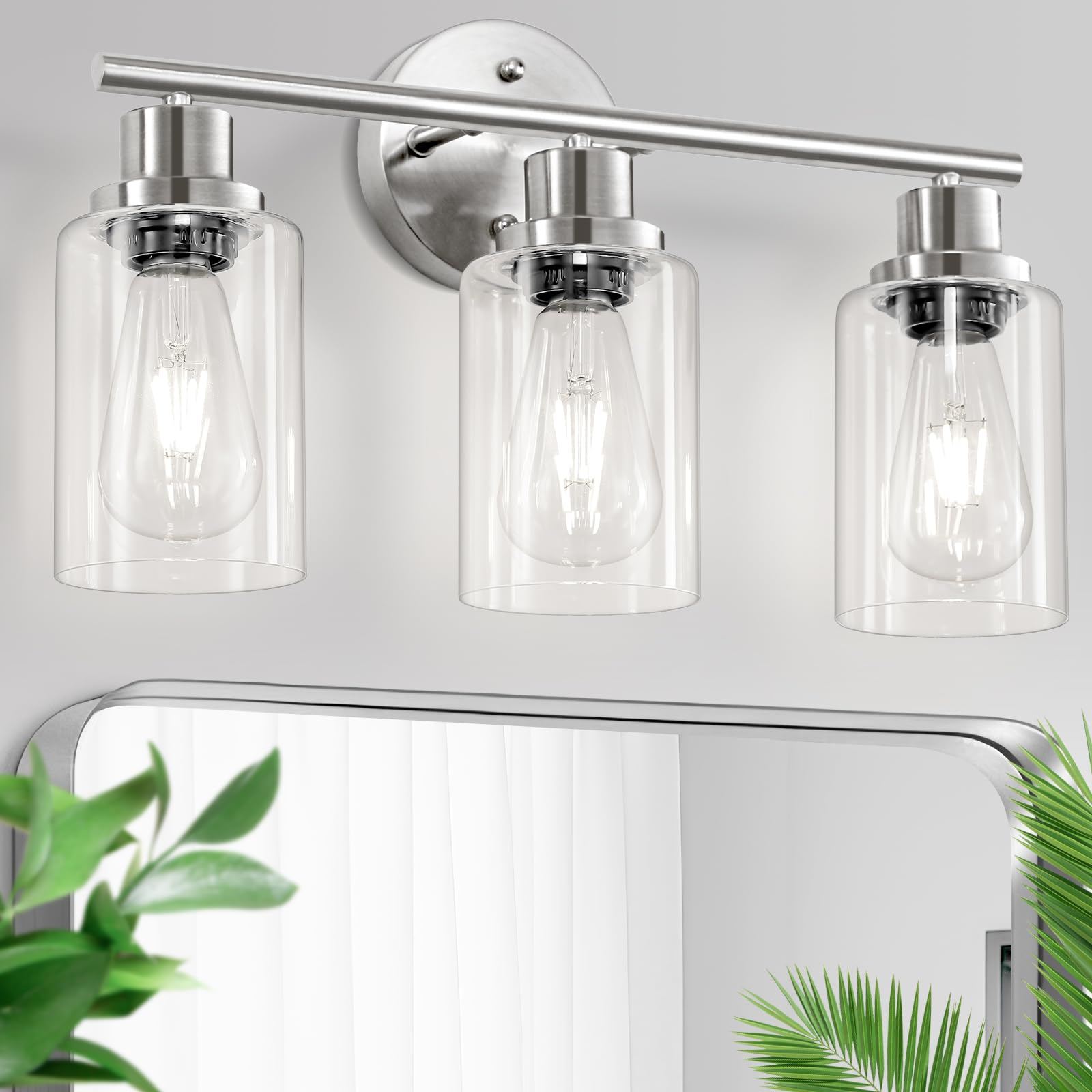 Photo 1 of Guliaofo 3-Light Brushed Nickel Vanity Lights, E26 Modern Bathroom Light Fixtures with Clear Glass Shade, Wall Lamps for Mirror Kitchen Hallway Cabinet Living Room Sconces Lights
