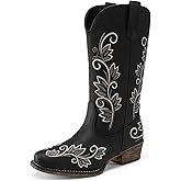 DREAM PAIRS Women's Cowboy Cowgirl Western Mid Calf Boots Square Toe Embroidered Stitched Pull On Country Boots with Low Chunky Heel