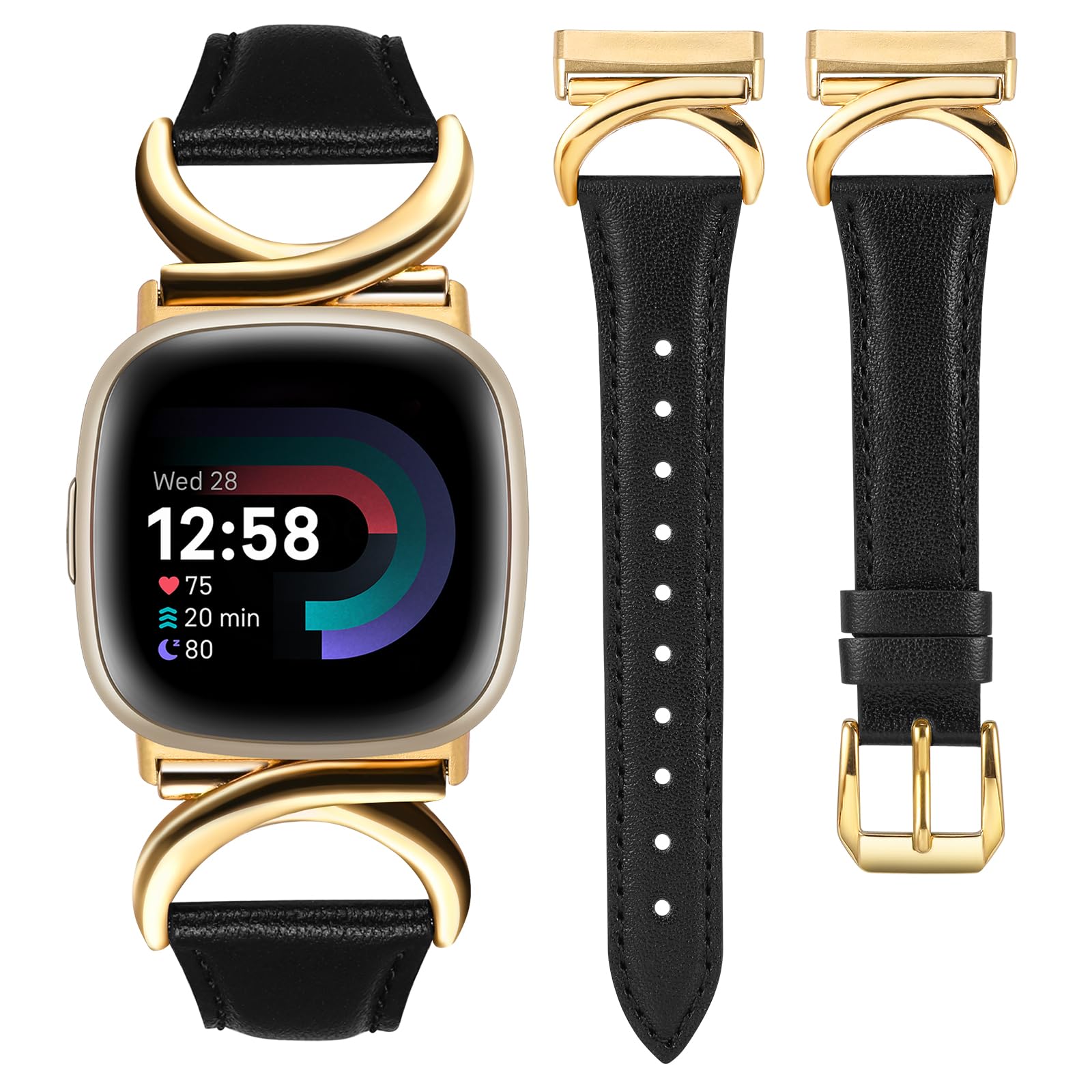 Photo 1 of Minyee Leather Band Compatible with Fitbit Versa 4/Versa 3/Fitbit Sense 2/Sense Bands Women, Slim Thin Dressy Designer Premium Leather Strap with C-Shape Metal Buckle for Versa 3 4 Sense 2 Smartwatch