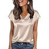 Zeagoo Women Silk Satin Tops Cap Short Sleeve Blouse V Neck Shirts Business Casual Outfits S-2XL