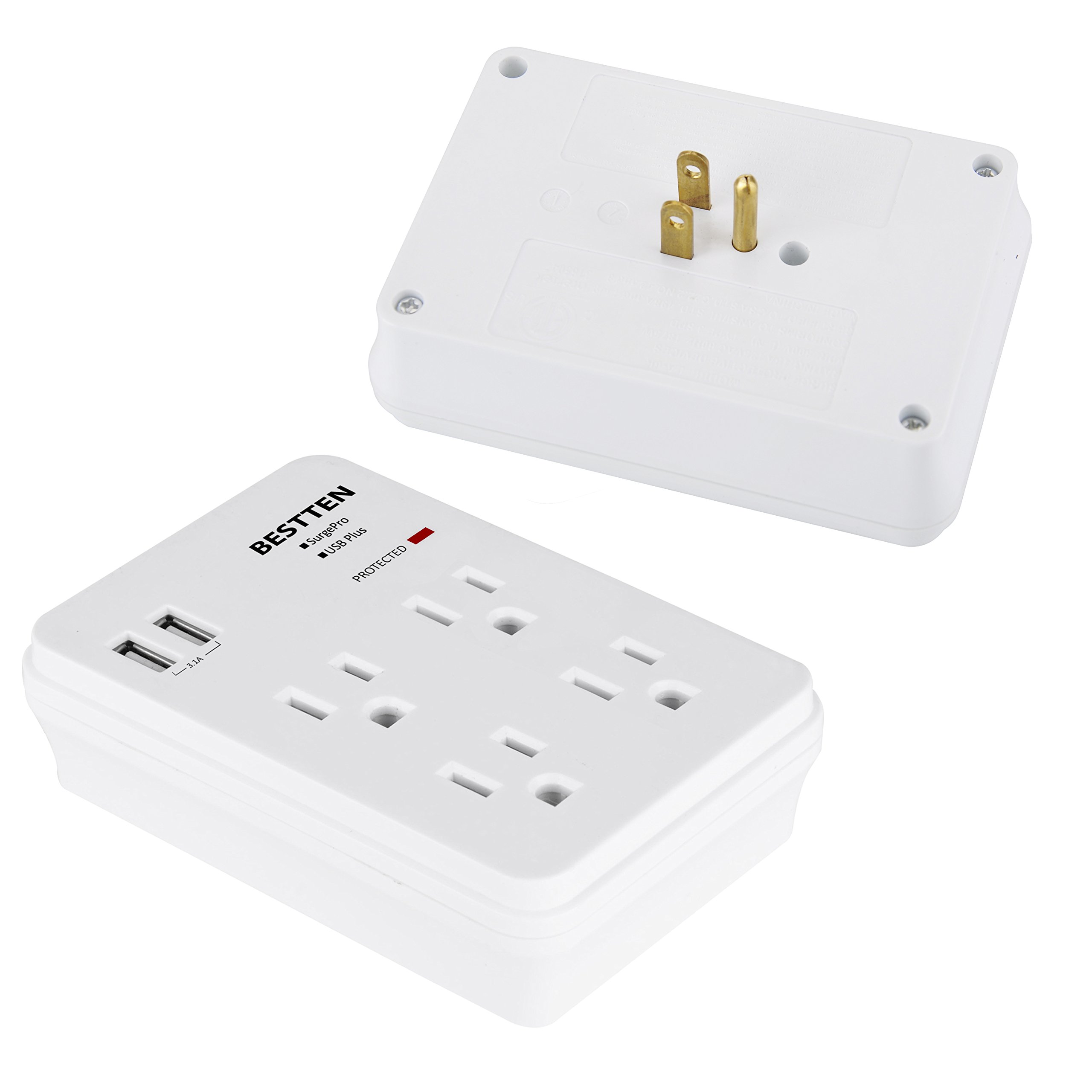 Bestten Multi Wall Outlet Adapter Surge Protector with 2 USB Charging