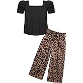 Arshiner Girls 2 Pieces Outfits Kids Square Neck Puff Sleeve Tops and Pants Set with Pockets 6-14 Years