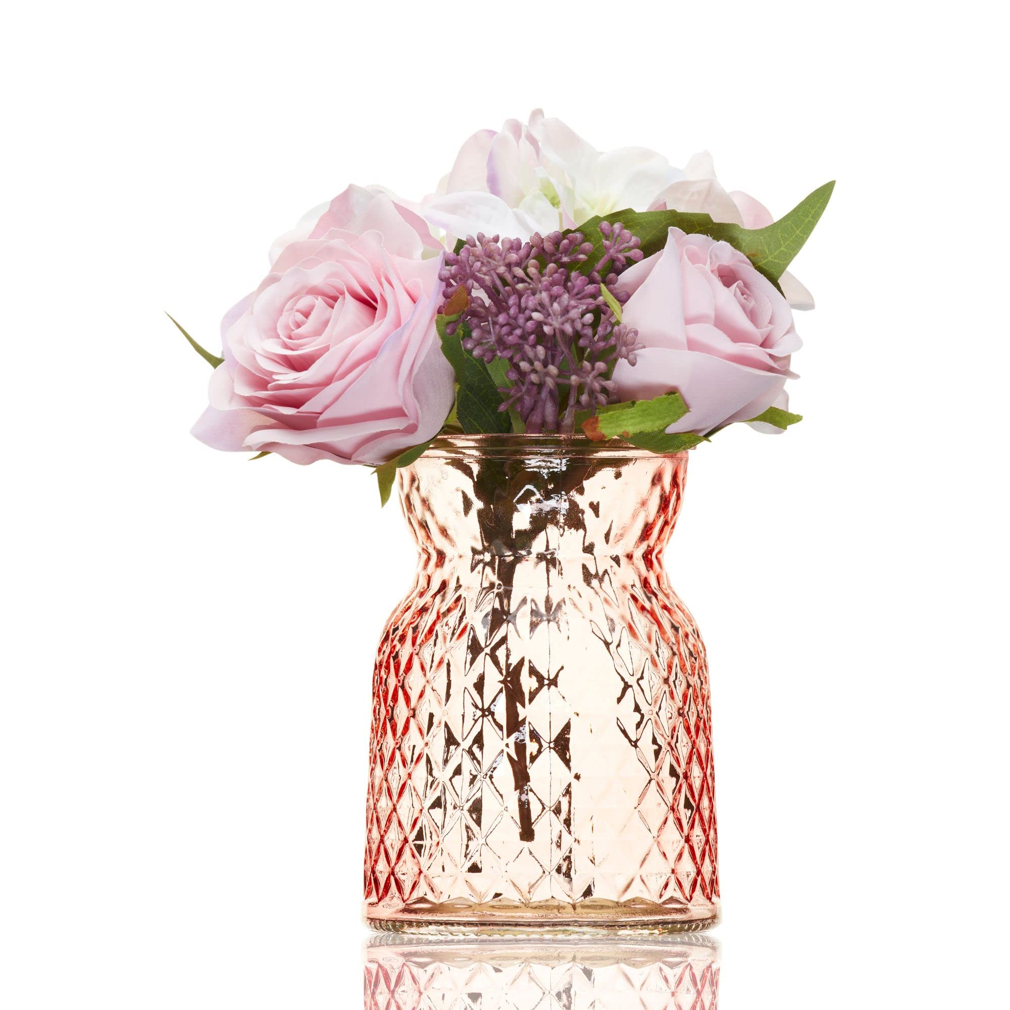 Small Pink Glass Vase for Flowers 14cm – Decorative Cut Glass Ribbed Bud Vase for Roses – Coloured Tulip Vases - Unique Sweet Pea Ornament for Mum