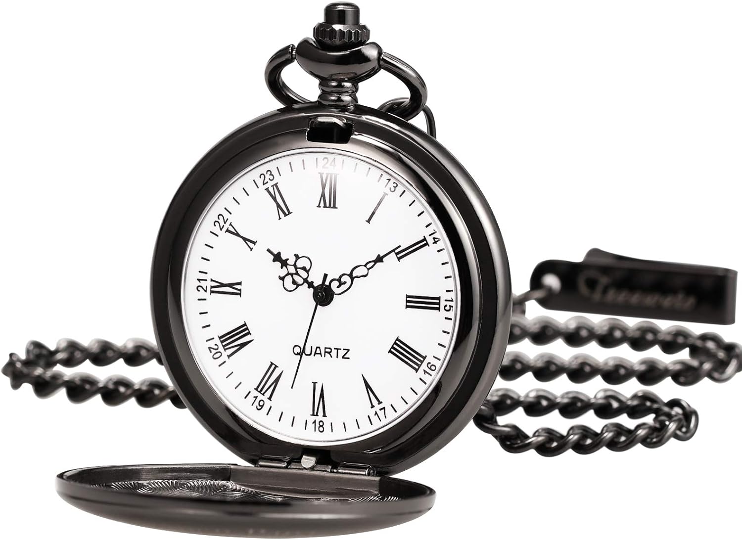 TREEWETO Pocket Watch with Engraving Chain Men's Black Gift for Birthday Son black - Image 3