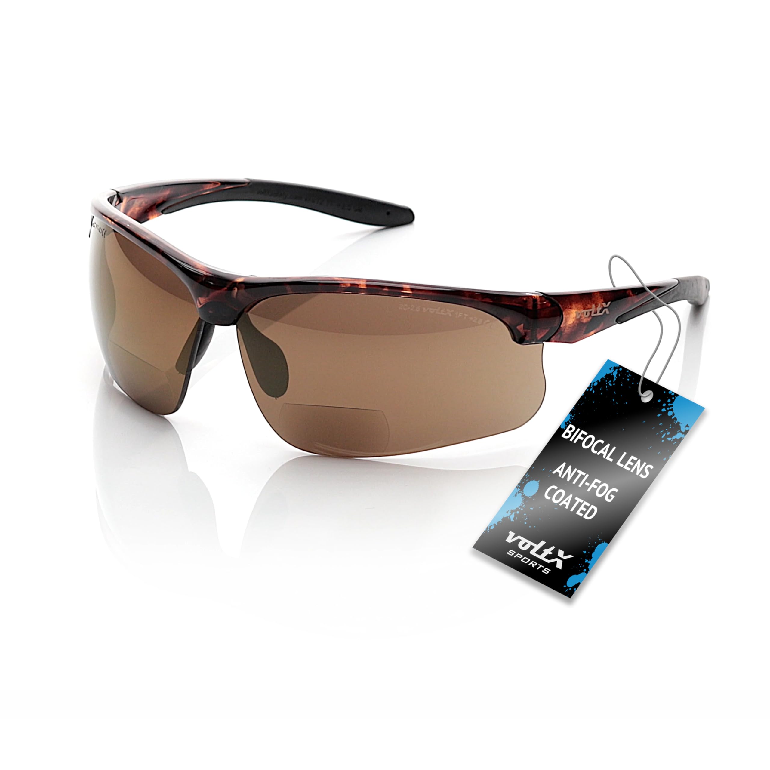 voltX 'ULTIMATE SPORTS' Bifocal Safety Glasses (Tortoise Frame, Gold Mirror Lens +1.0 Dioptre) - Anti Fog Coated UV400 lens - Adjustable nosepiece - Microfibre Carry Bag