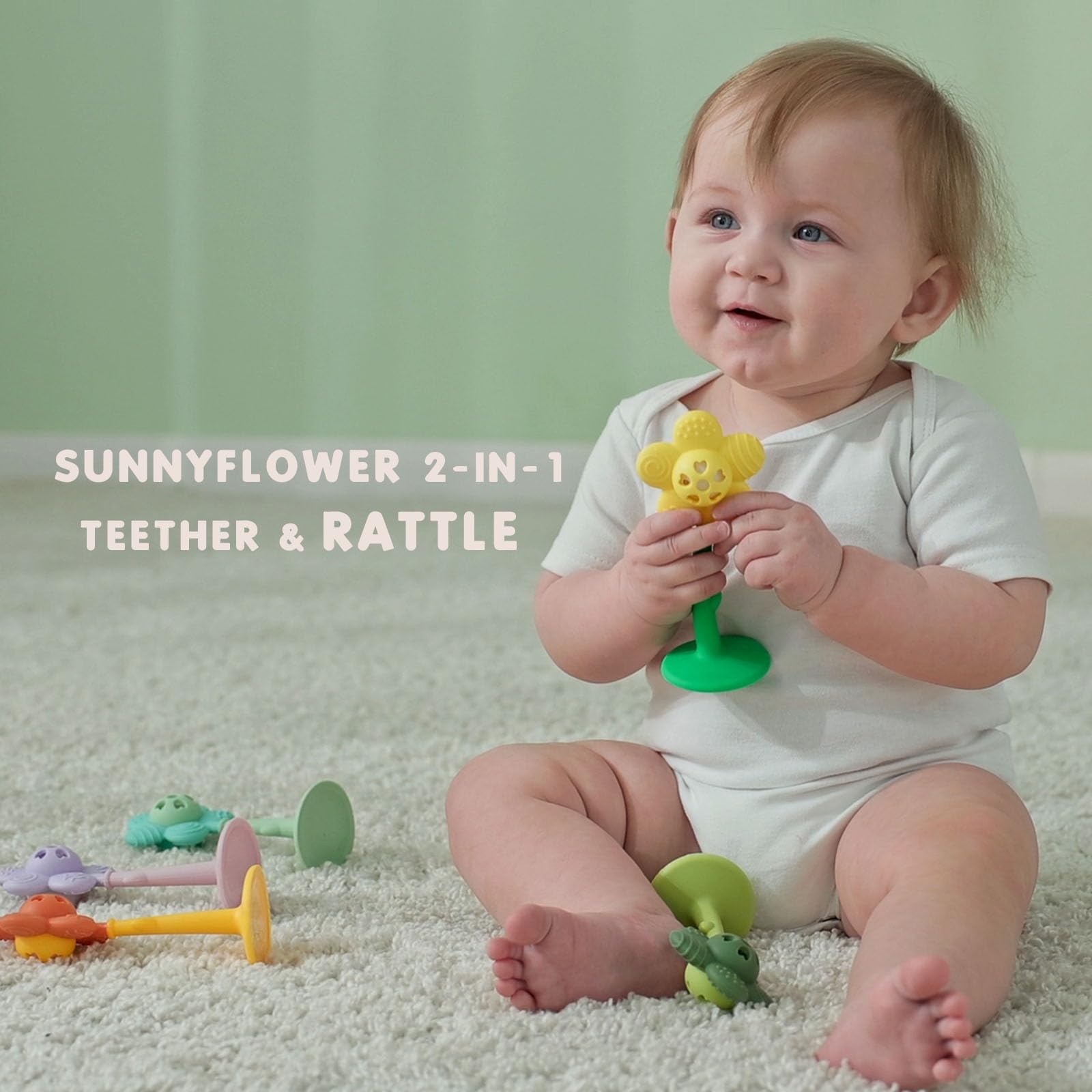 Baby Teething Toys 3-6 Months, Teether and Sensory Rattle for Babies 0-6 Months, Food Grade Silicone Teethers 6-12 Months, Infant Teething Relief Chew Toys, Sunnyflower Teether Toy BPA Free - Yellow