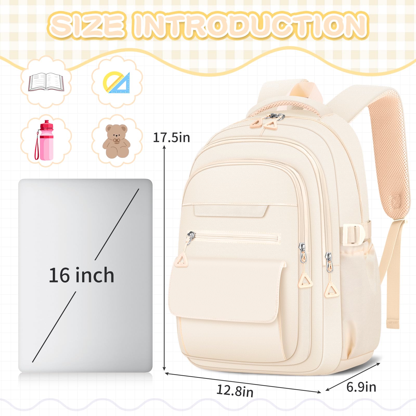 Cute Backpack for School Teen Girls Beige Bookbag Aesthetic Womens Travel Book Bags for School Kids Student Back Packs