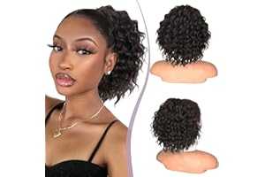 Isaic Ponytail Extension 8 Inch Short Curly Ponytails Drawstring Ponytail for Black Women Natural Black Wavy Pony Tails Hair Extensions Synthetic Hairpiece For Daily Use