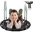 ZBZBML Hanging Tree Swing with Detachable Frame,PP Mat,Adjustable Multi-Strand Ropes,Safe and Durable Saucer Swing for Yard Garden Playground Park (24 inch Diameter, Black with 2X5ft Extra Straps)