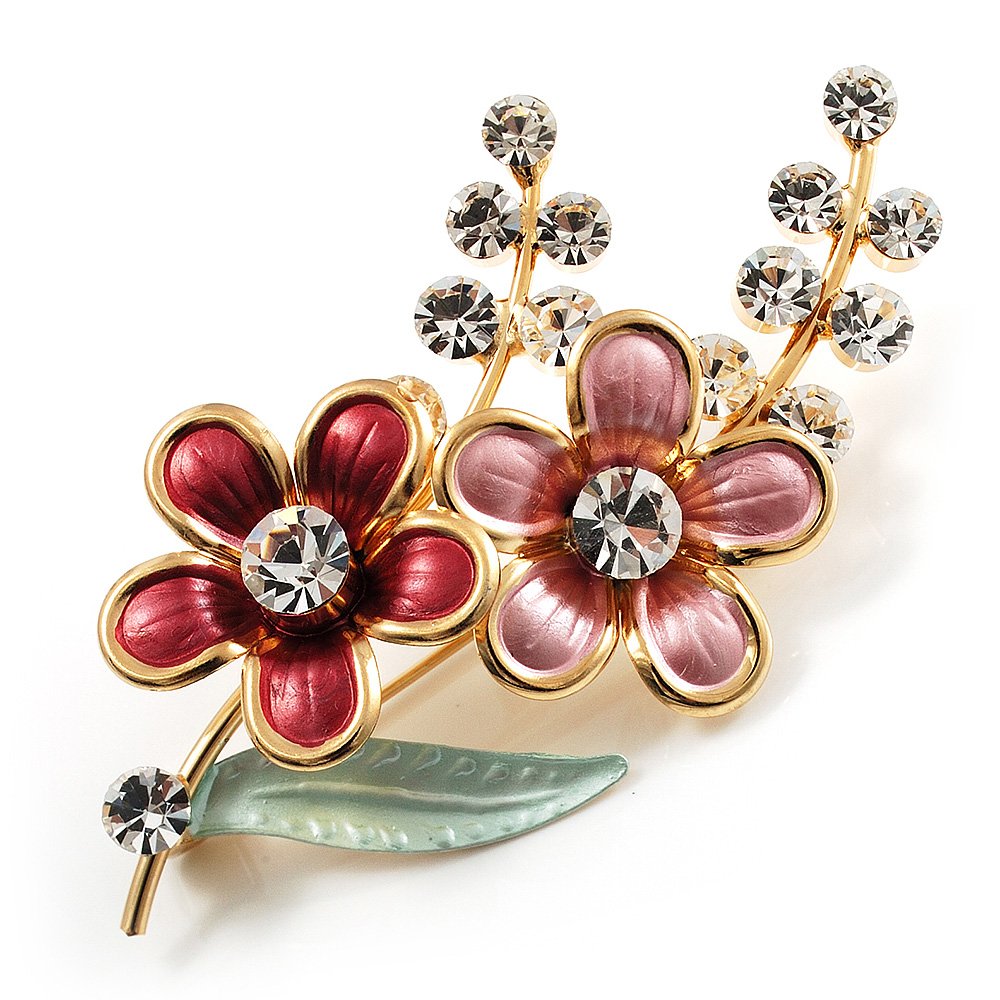 Gold Tone Enamel Crystal Floral Brooch (Pink&Red)