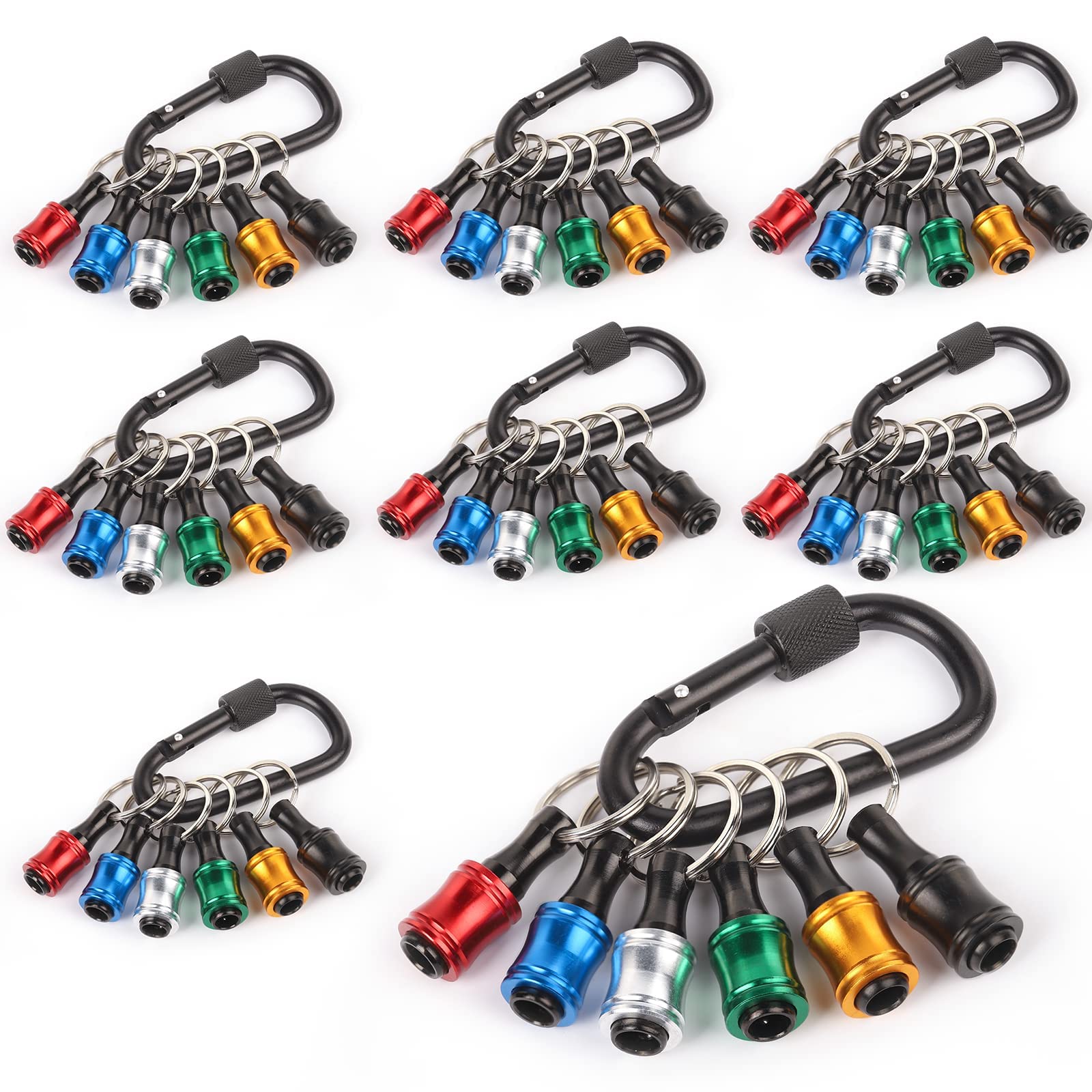 Katerk Portable 1/4 in Hex Shank Drill Bit Holder 8 Sets (48 pcs), Light-Weight Extension Bar Keychain Adapter, Quick-Change Screwdriver Bits Retainer for Tool Pouch (6 Colors Black Carabiner) — image 1