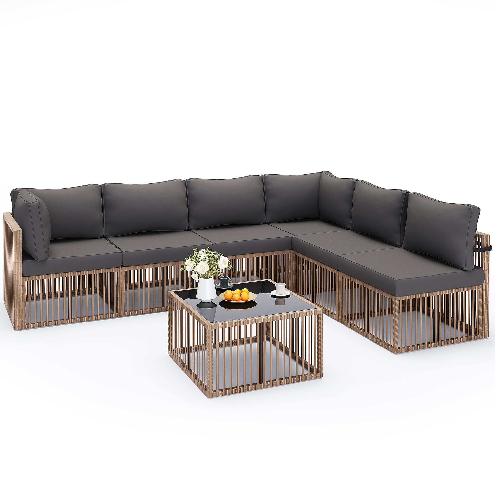 Photo 1 of ** PARTIAL SET 1 OF 2 ** Pamapic 7-Piece Outdoor Sectional Sofa Set, All-Weather PE Rattan Patio Furniture with Washable Cushions Covers, Gray Cushions and Brown Rattan, Dark Gray