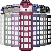 Ferexer 32oz/22oz Glass Water Bottle with Straw Handle Flip lids, leakproof, BPA free, Borosilicate Glass Bottles, with Protective Non-Slip Silicone Sleeve Sports Glass Drinking Bottles Red