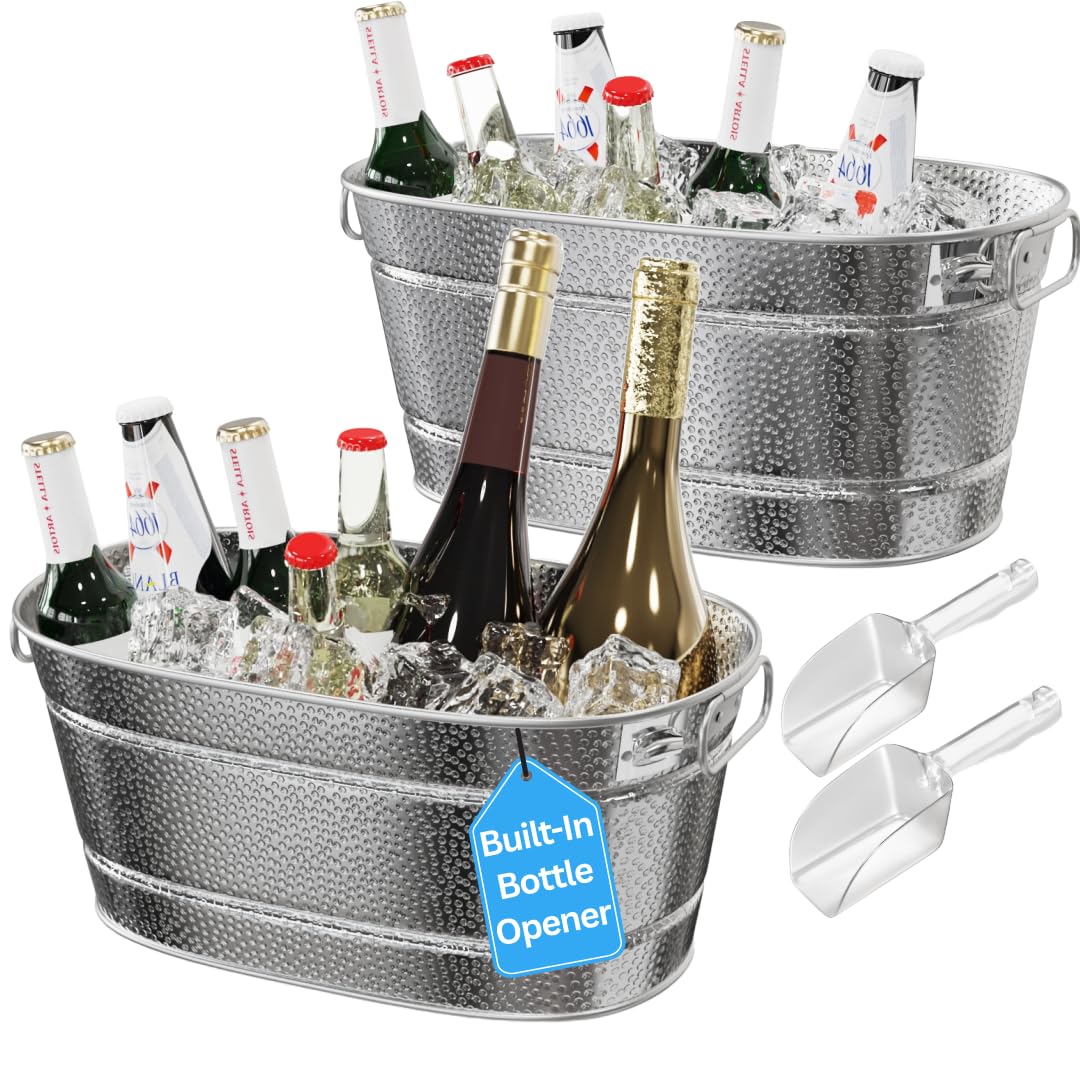 Photo 1 of 2 Pack Galvanized Tub with Handles - Beverage Tub with 2 Ice Scoops, 3 Gallon Ice Bucket for Parties, Metal Drink Buckets for Parties for Champagne Cocktails Wine Cooling for Mimosa Bar Supplies