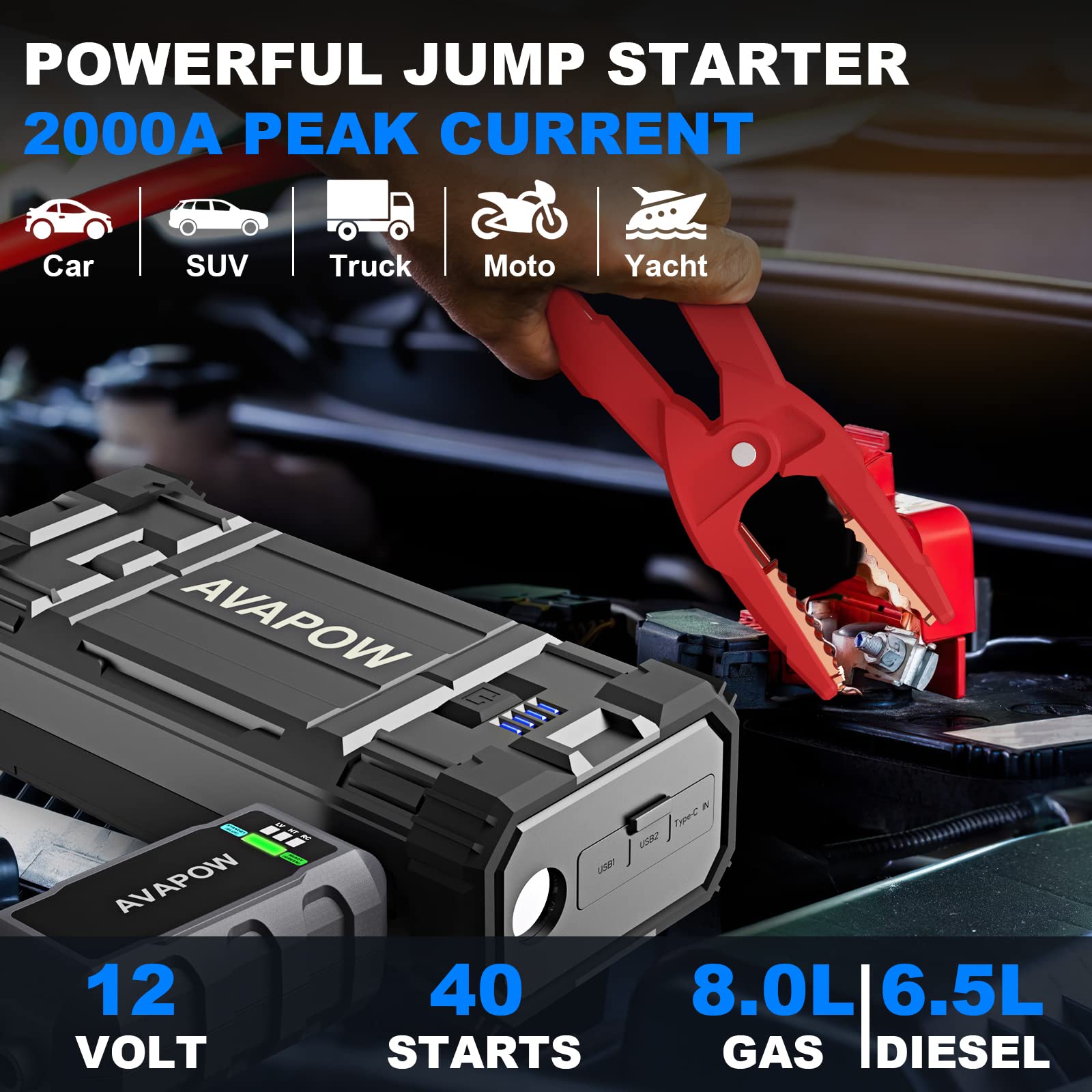 AVAPOW Car Battery Jump Starter 2000A Peak, Jumpstart with Force Start Function, Portable Starters for Up to 8L Gas 6.5L Diesel Engine with Booster Function,12V Lithium Jump Charger Pack Box