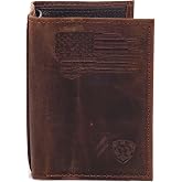 ARIAT Men's Distressed USA Flag Leather Trifold Wallet | 3 x 4.25 in trifold, stitched American flag, clear identity window, card slots and removable photo slip