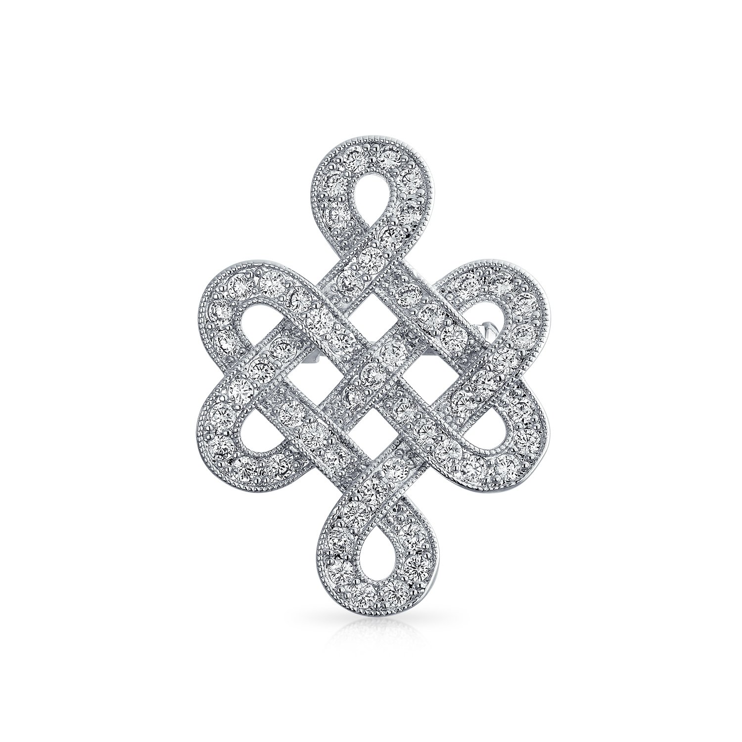 Eternal Celtic Love Knot Work Cubic Zirconia Pave CZ Wedding Brooch Pin For Women Rhodium Plated Brass 1.2 Inch