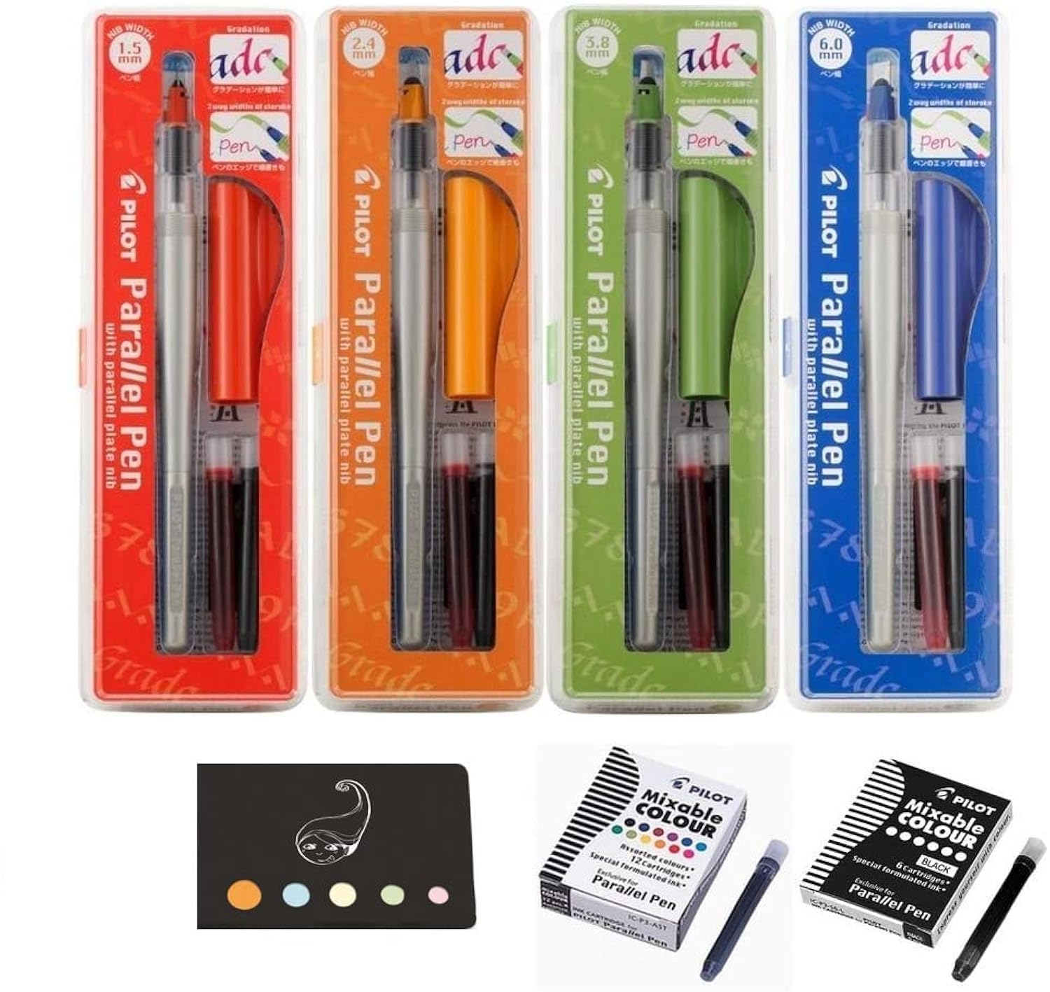 Set of 4 Parallel Pen Cases: 1.5 mm + 2.4 mm + 3.8 mm + 6 mm + 12 Assorted Colours + 6 Black Cartridges + 1 Blumie Adhesive Index