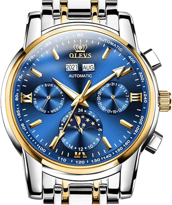 Amazon Olevs 自動機械式腕時計 メンズ バッテリーなし メンズ 日付 自動巻き 防水 ステンレススチール スイスブランド ラグジュアリー メンズ 腕時計 ツートーン 夜光 月と月のフェーズ Round ゴールドブルーの自動巻き腕時計 メンズ腕時計 腕時計 通販