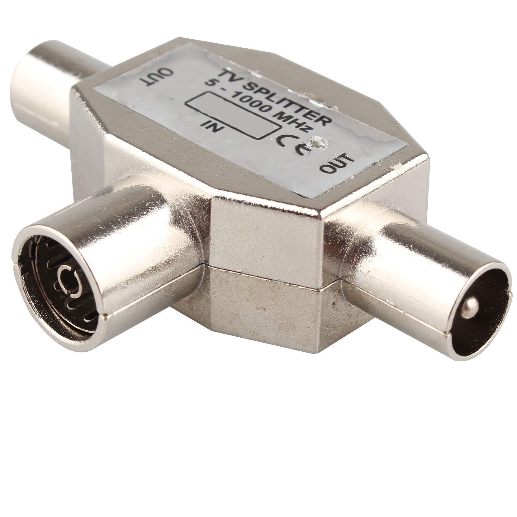 Jopto 2-Way Aerial Splitter Coaxial Female To Two Male Cable TV Coupler T/F Type Antenna Bidirectional Distributor for TV/T Adapter Coaxial Coupling Coax Plug 2 Male to 1 Female in Metal Housing