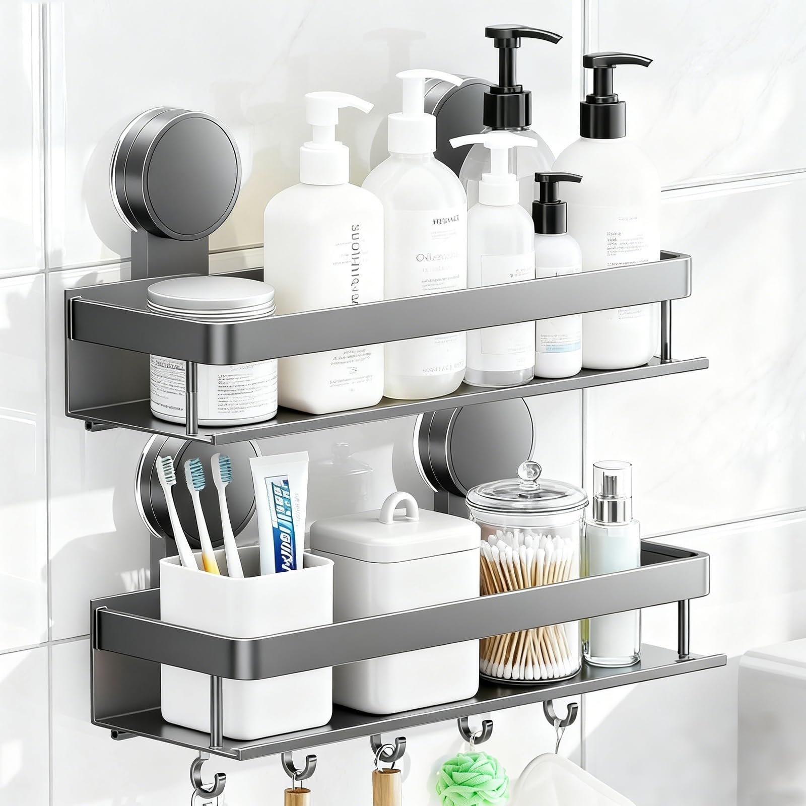 Photo 1 of ONXE Suction Cup Shower Caddy,2 Pack Spice Rack No-trace for Bathroom with 5 Hook Rack for Smooth Wall, Seasoning Organizer Stuff Storage Shelf,Home Kitchen Accessories Gadgets