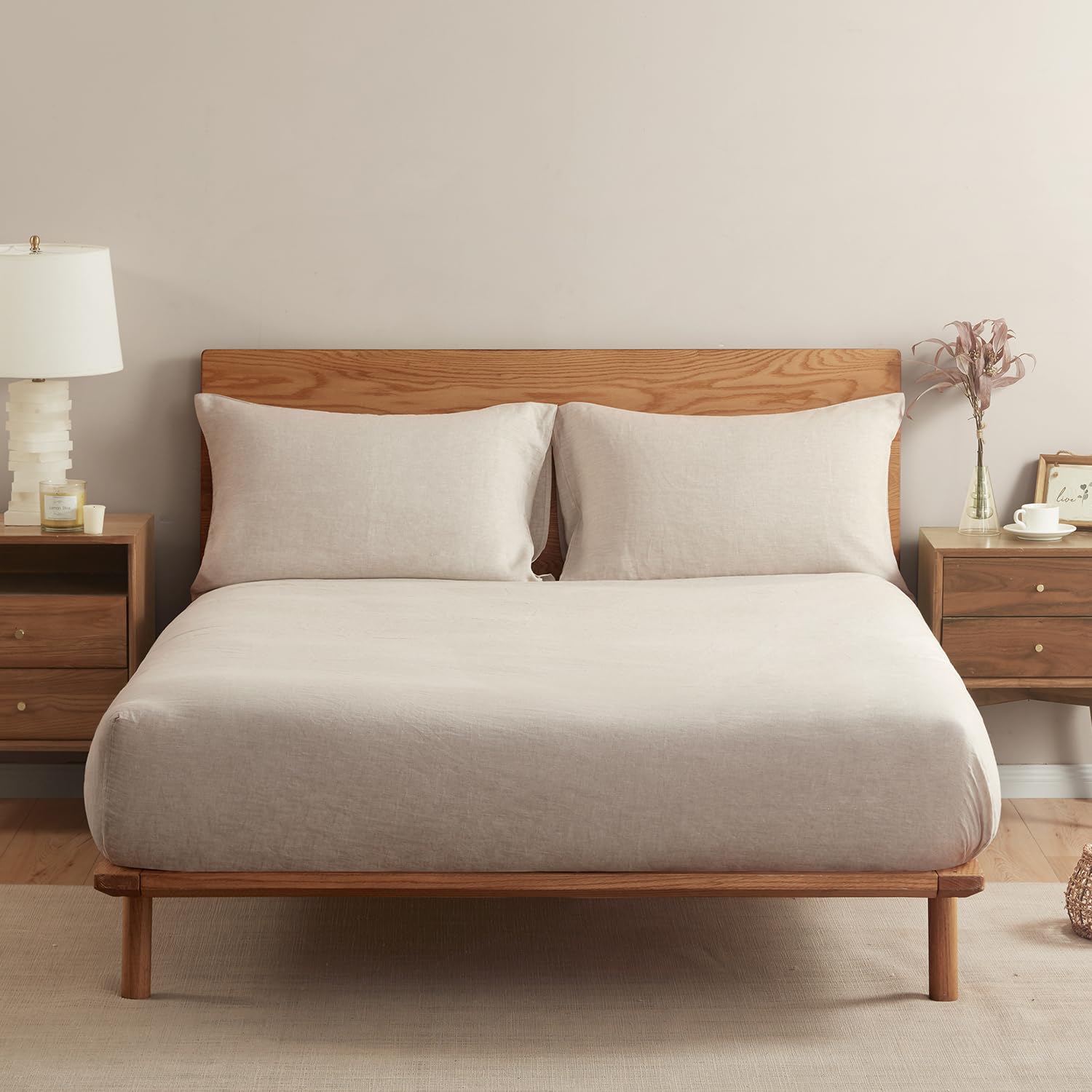 DAPU 100% French Linen Extra Deep Fitted Sheet Double Size, Stone Washed French Flax Fitted Sheet with 40cm Deep Pocket, Natural Linen Colour, Double, 135 × 190cm+40cm Pocket Depth