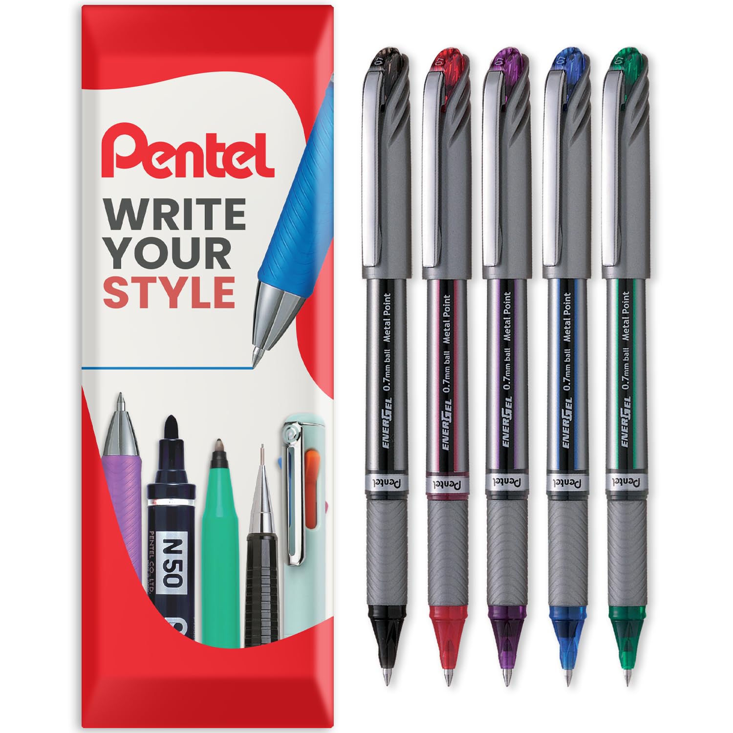 Pentel Energel BL27 Liquid Gel Ink Rollerball Pen - 0.7mm Metal Tip - In Envelope Gift Packaging (Assorted Pack of 5)