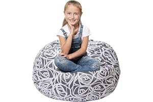 5 STARS UNITED Stuffed Animal Storage Bean Bag – Toy Storage Organizer and Bean Bag Chair for Kids Holds up to 90+ Plush Toys – Cotton Canvas Bags Cover for Boys and Girls Ages 4-11, Grey Roses
