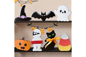 JNYVE Cute Halloween Decorations Indoor: 7PCS Wooden Tiered Tray Decor Table Sign - Pumpkin Ghost Bat Black Cat Mummy Witch Hat Candy Corn Freestanding Signs for Party Home Mantel Shelf Display